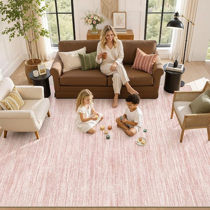 Nakagishi 10X12 Area Rugs Living Room: Washable Large Vintage Rug Neutral Non-Slip Soft Stain Resistant Indoor Carpet for Bedroom Nursery Dining Room Office Playroom - Pink