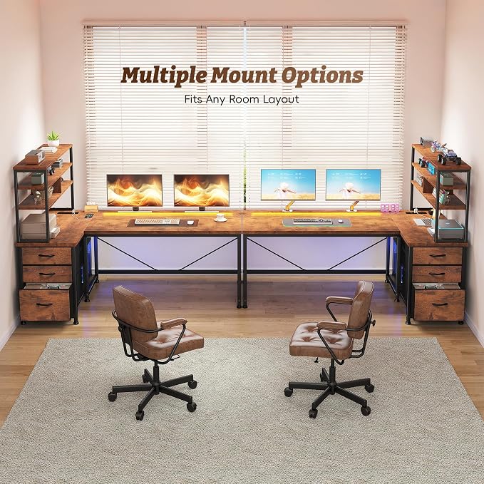 55"Computer Desk with Remote Aluminum LED Lights, 3 Fabric Drawers & 3 Shelves, Reversible L Shaped Desk Office Desk with Power Outlet and PC Stand for Gaming Desk, Corner Desk for Bedroom,Dorm, Brown