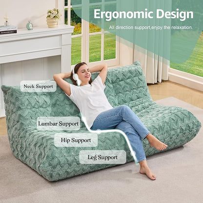 Hobestluk Giant Bean Bag Chair Faux Fur BeanBag Couch for Living Room | Green Chevron, 3-Seater,Ergonomic Design,Memory Foam,Anti-slip Bottom,No Assembly Required,Decorative Style for Living Room