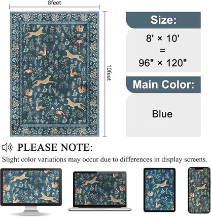 DUKINO 8x10 Rug, Washable Animal Living Room Rug with Non Slip Vintage Design, Soft Low Pile Large Carpet for Bedroom, Nursery, Dining Room, Farmhouse, Playroom, Blue