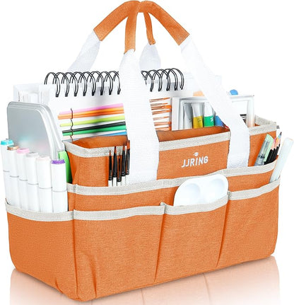 JJRING Craft Organizer Tote Bag, Art Storage Caddy with Multiple Pockets, Orange Sewing Bag for Art, Craft, Scrapbooking, School, Medical, and Office Supplies Storage