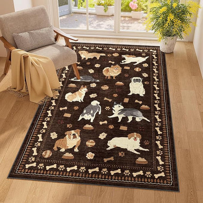 DUKINO 3x5 Area Rug, Lightweight Washable Entryway Rug with Non Slip & Low Pile, Soft Non Shedding Animal Dog Print Pattern Indoor Throw Carpet for Bedroom, Kitchen, Bathroom, Kids Room, Office, Brown