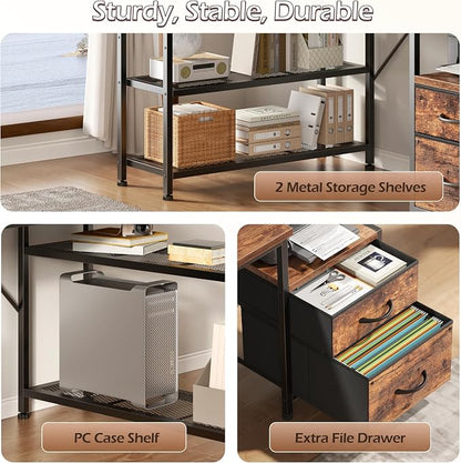 Korfile 57 Inch L Shaped Gaming Desk with Power Outlets and Type-C Port, Reversible Computer Office Desk with 2 Fabric Drawers & Mesh Shelves, Corner Desk for Study Work Writing Desk, Rustic Brown