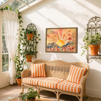Framed Sunset Boho Wall Art for Living Room - Modern Abstract Floral Canvas Picture Boho Wall Decor, Sun Landscape Aesthetic Painting Poster Prints for Bedroom Home Office 12x16 inch