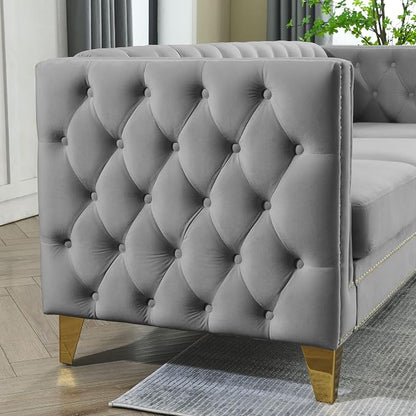 mikibama 2PC Velvet Sofa Couch Set for Living Room,Button Tufted 3 Seater Sofa and 2 Seater Loveseat Couch,Modern Upholstered Sofas with Nailhead Trims,Golden Metal Legs for Bedroom