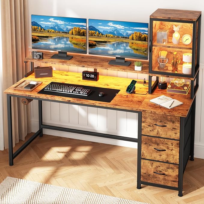 DurayLoly Computer Desk, 55" Desk with Cabinet to Display & RGB Light, Home Office Desks with 3 Drawers for Small Space, 2 AC Power Outlets and 2 Ports, Monitor Stand for Student Bedroom, Brown