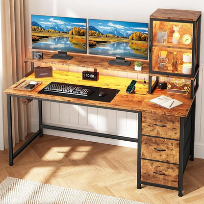 DurayLoly Computer Desk, 55" Desk with Cabinet to Display & RGB Light, Home Office Desks with 3 Drawers for Small Space, 2 AC Power Outlets and 2 Ports, Monitor Stand for Student Bedroom, Brown