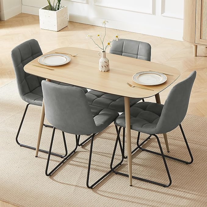 HIPIHOM 47.2'' Modern Dining Table Set for 4 - Wood Table with Cat Scratch Resistant Surface & 4 Gray Leather U-Shaped Chairs, Kitchen & Dining Room Furniture, Ideal for Small Spaces