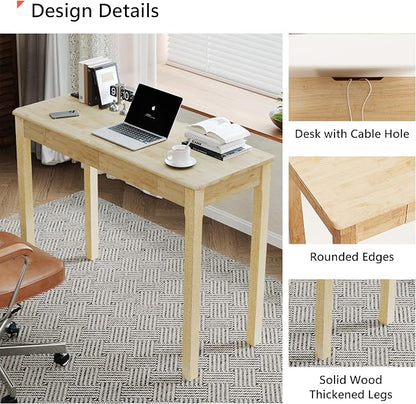 Solid Wood Desk with Drawers - 39" Narrow Desks for Small Spaces, Mid Century Modern Desks, Small Wooden Vintage Computer Writing Desk, Study Table for Home Office Bedroom, Natural