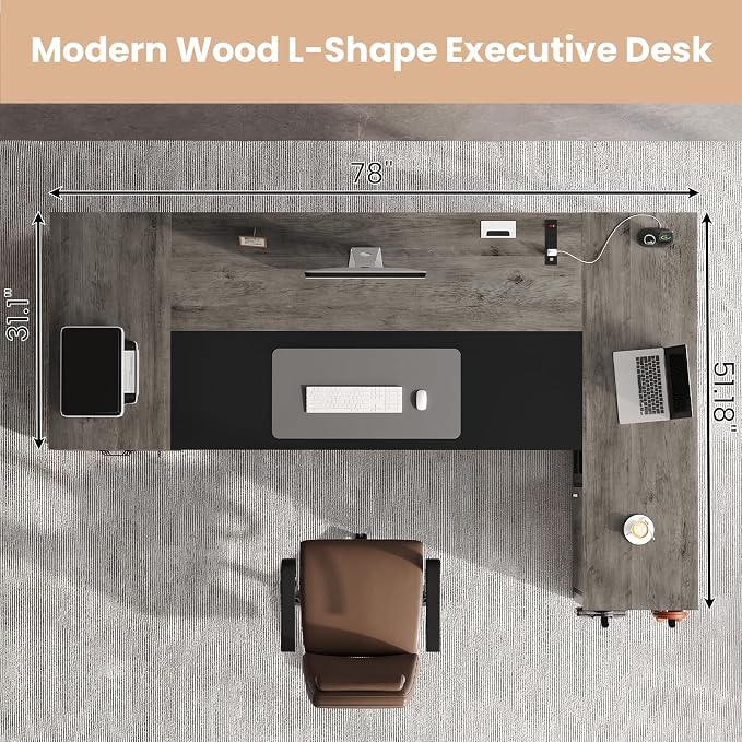 78" Executive Desk with Lockable File Cabinet, L Shaped Office Desk with Power Outlets, Large Executive Desk with Drawers and Storage Shelves , Reversible Computer Desk with Privacy Screen, Grey