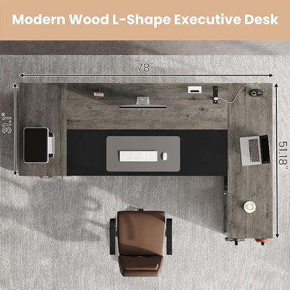 78" Executive Desk with Lockable File Cabinet, L Shaped Office Desk with Power Outlets, Large Executive Desk with Drawers and Storage Shelves , Reversible Computer Desk with Privacy Screen, Grey
