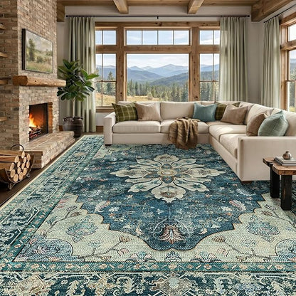 RELEANY Area Rugs Large 10'x14' Washable Non-Slip, Floral Vintage Distress Medallion Carpet for Living Room Bedroom Dining Room, Dark Blue Vintage