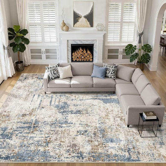 12x15 Area Rug Washable Rugs: Living Room Large Abstract Modern Soft Stain Resistant Indoor Floor Non Slip Accent Carpet for Bedroom Nursery Playroom Office Dining Room Dorm Home House- Tan