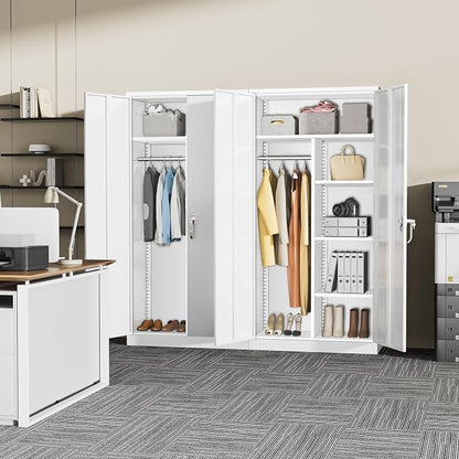 Greenvelly Metal Storage Wardrobe with Lock, White Steel cabinets Locker, 72" X 36" X 18" Metal Cabinet with Adjustable Shelves for Home Office, Garage, School