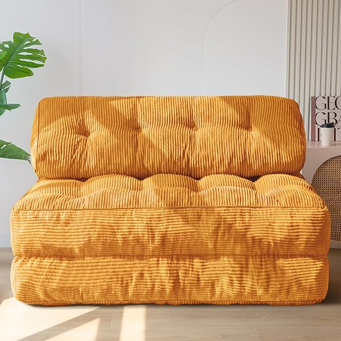 MAXYOYO Folding Sofa Bed, Convertible Chair with Pilow, Portable Fold Out Chair Bed with Back Support Comfy Floor Sofa Lounge for Living Room Bedroom, Orange, Double