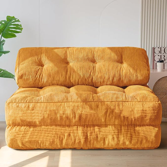 MAXYOYO Folding Sofa Bed, Convertible Chair with Pilow, Portable Fold Out Chair Bed with Back Support Comfy Floor Sofa Lounge for Living Room Bedroom, Orange, Double