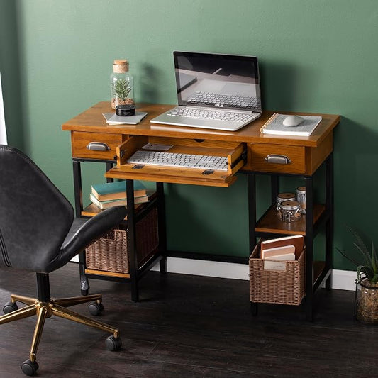SEI Furniture "Mirada Writing Desk 42" Wide - Weathered Gray w/ Natural Brown Finish - Broad Workspace", weathered gray/ natural brown/ black