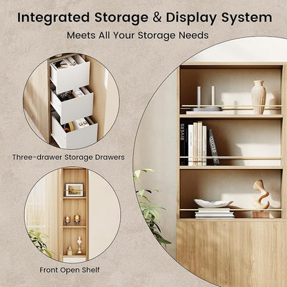 ModernMate Furniture Set, 70.8'' Executive Standing Desk with 71'' Tall Bookcase, AC/USB, File Cabinet, Double-Sided Narrow Display Shelves, Home Office Wood Storage Furniture, Light Walnut