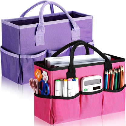 Tellingyou 2 Pcs Art Craft Tote Bag Teacher Craft Organizers and Storage Bag Desktop Tote Supply 600d Oxford Classroom Organizer Caddy Gift for Crafters Christmas Office(Purple, Rose Red)