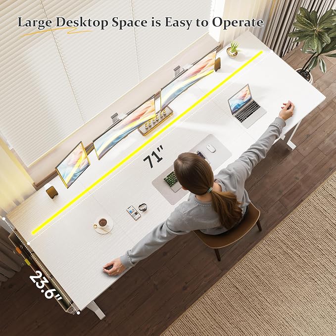 DurayLoly 71" Computer Desk LED Lights, Large Office Desk for 3 Monitors or 2 laptops,Long Desk with Storage Bag&Headphone Hook for Study Writing Work Gaming Desk,Sturdy Metal Frame,Bedroom,White