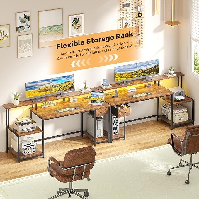 Computer Desk with 55" Long Monitor Stand and 18" Ample Printer Space, Home Office Desk With RGB Lights and 3 AC Power Outlets, Zoned Storage Drawer and File Shelves, Study Desk, Writing Desk, Brown