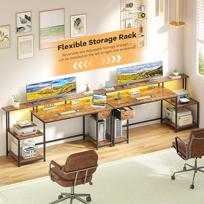 Computer Desk with 55" Long Monitor Stand and 18" Ample Printer Space, Home Office Desk With RGB Lights and 3 AC Power Outlets, Zoned Storage Drawer and File Shelves, Study Desk, Writing Desk, Brown