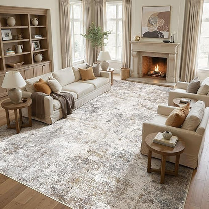 UERMEI 10x11 Area Rug Living Room Rugs - Washable Neutral Modern Abstract Soft Thin Rug Indoor Floor No Slip Rug Carpet for Bedroom Under Dining Table Home Office Decor - Brown Grey