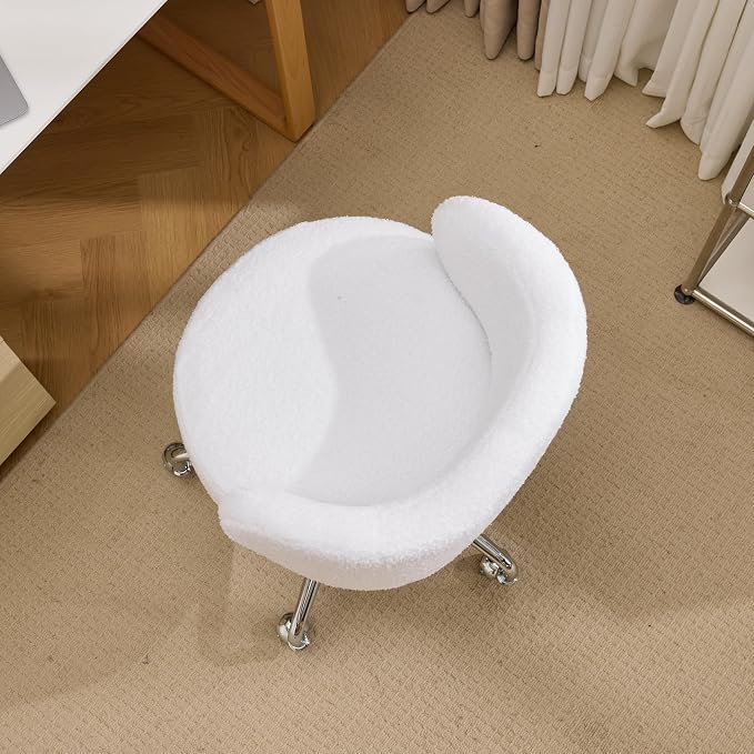 VINGLI Cute Small Swivel Desk Chair Comfy with Wheels,Ergonomic Low-Back Lumbar Support Vanity Nail Tech Rolling Task Stool Girls Women Kids Chair for Home Office,Height Adjustable,Teddy Fleece,White