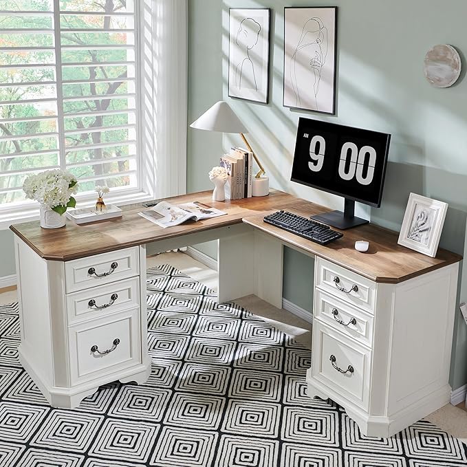 T4TREAM 59" Executive L Shaped Desk with Drawers,Farmhouse Wood Computer Corner Desk, Featuring Charging Station,File Drawer, Storage Cabinet,for Home Office Work and Study (Antique White)