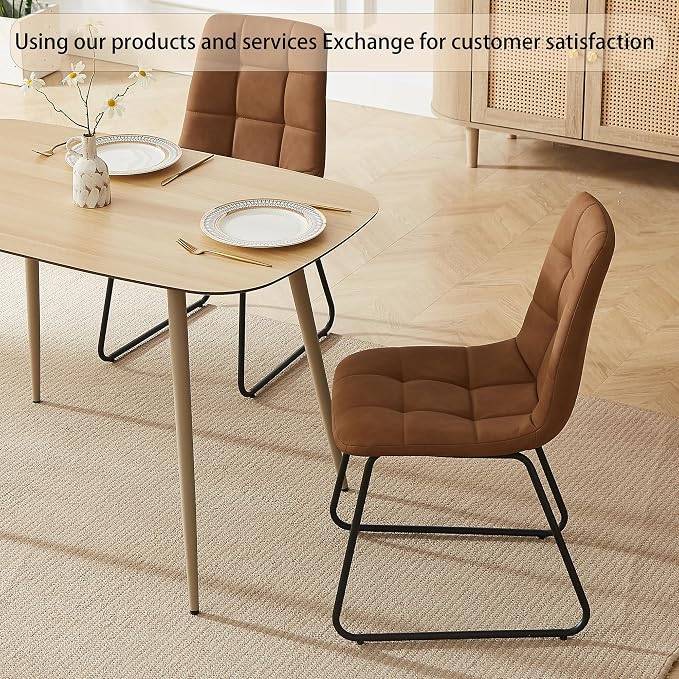HIPIHOM Modern 4-Piece Dining Table Set for 4 | 55-Inch Wood Kitchen Table & 4 Brown Leather Chairs | Space-Saving Dining Set for Small Spaces, Breakfast Nook, Dining Room