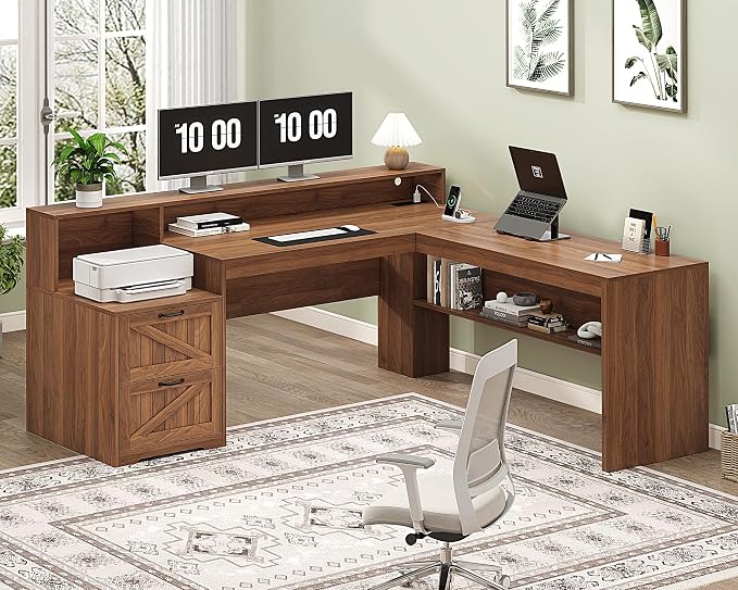 YOMILUVE Farmhouse 63" L Shaped Desk with Drawers, Home Office Desks with Storage Shelves and Printer Stand, Corner Computer Desk with Power Outlets and Monitor Stand, Brown