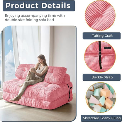 MAXYOYO Folding Sofa Bed, Convertible Chair with Pillow Foldable Couch with Back Support, Portable Fold Out Chair Bed Comfy Floor Sofa Lounge for Living Room Bedroom, Pink Double