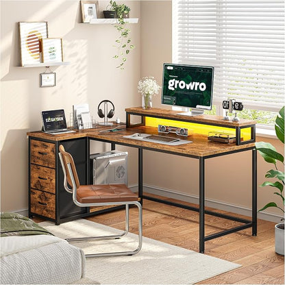 EnHomee 48" L-Shaped Computer Desk with 3 Drawers, 35.4" Monitor Riser, RGB LED Lights,3 AC outlets & 1 Type-C Charging Station, Reversible Corner Gaming Desk for Home Office, Study Room,Rustic Brown