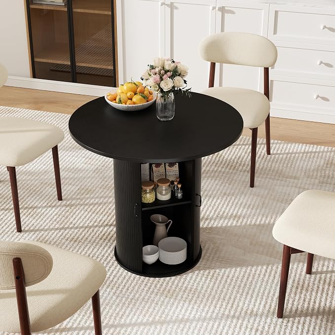 31.5 inch Round Dining Table for 2, Small Dinner Table with 2-Layer Storage Shelf, Morden Circle Kitchen Table with Wood Strip Base and Slide Door for Home Dining Room, Living Room, Black