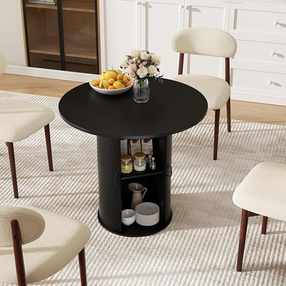 31.5 inch Round Dining Table for 2, Small Dinner Table with 2-Layer Storage Shelf, Morden Circle Kitchen Table with Wood Strip Base and Slide Door for Home Dining Room, Living Room, Black
