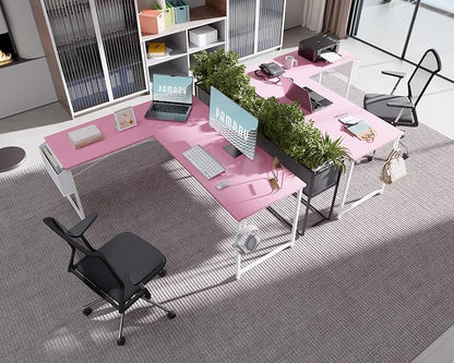 Pamray 64.5 Inch Reversible L Shaped Gaming Desk Large Corner Computer Desk with Storage Bag Home Office Table for Writing Study Pink