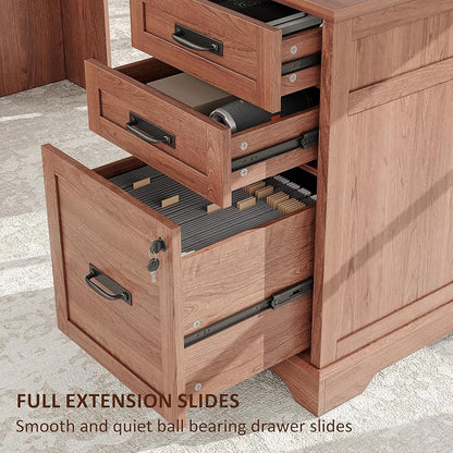 Whalefall 67'' Farmhouse L-Shaped Desk with Drawers for Home Office, Brown | Computer Corner Desk with File Cabinet and Charging Station, Large Executive L Desk with Locking Drawers Storage