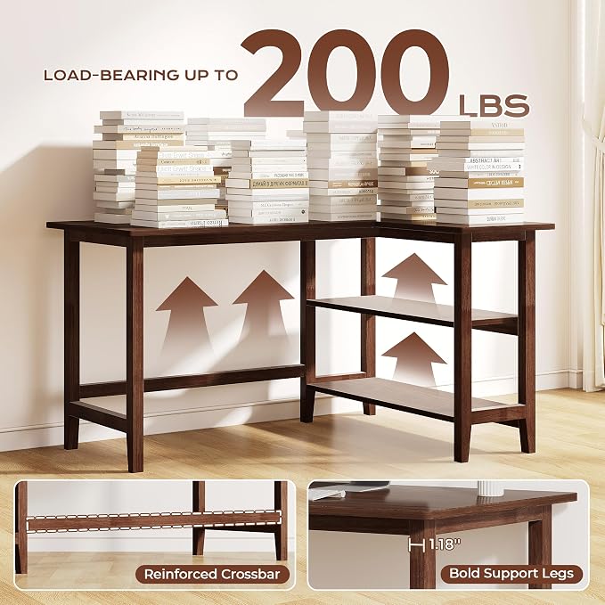 IOTXY Reversible L-Shaped Office Desk - 45" Compact Corner Computer Table with Storage Shelves, Solid Wood Legs, Writing & Study Workstation for Small Spaces, Walnut
