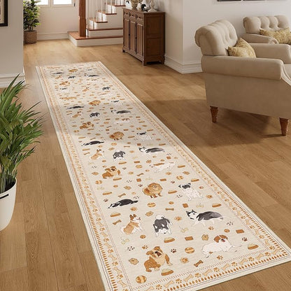 DUKINO 2x10 Runner Rug for Hallway, Washable Animal Dog Print Kitchen Rug with Low Pile, Soft Non Slip Indoor Non Shedding Long Carpet Runner for Entryway, Bedroom, Bathroom, Laundry, Beige Yellow