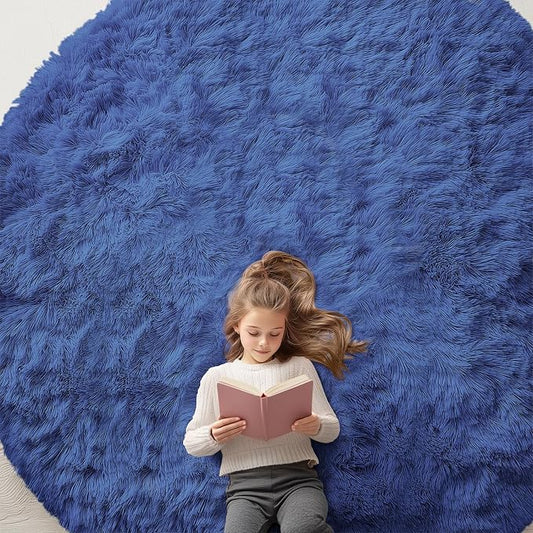 OLANLY Navy Blue Round Rugs for Bedroom - Machine Washable, 9 ft Circle Area Rugs for Living Room, Soft and Fluffy Shaggy Carpet for Teen Girls and Boys, Nursery Rooms, Dorms, Home Decor Aesthetic