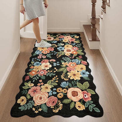 DUKINO 2x5 Washable Runner Rugs, Non Slip Floral Print Entryway Rug with Soft Low Pile, Lightweight Mat for Living Room, Bathroom, Bedroom, Kitchen, Black