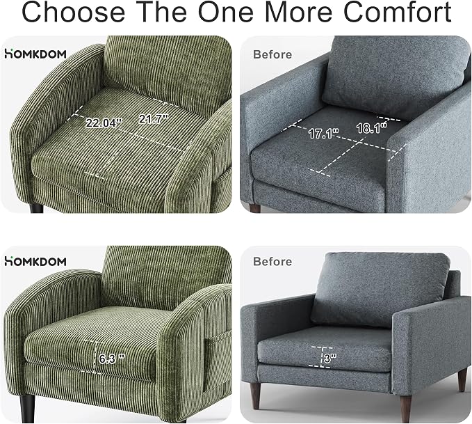 Homkdom Accent Chairs Set of 2,Mid Century Modern Reading Chair with 2 Side Pockets,Upholstered Armchair for Living Room Apartment,Small Room,Green