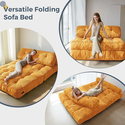 MAXYOYO Folding Sofa Bed, Convertible Chair with Pilow, Portable Fold Out Chair Bed with Back Support Comfy Floor Sofa Lounge for Living Room Bedroom, Orange, Double