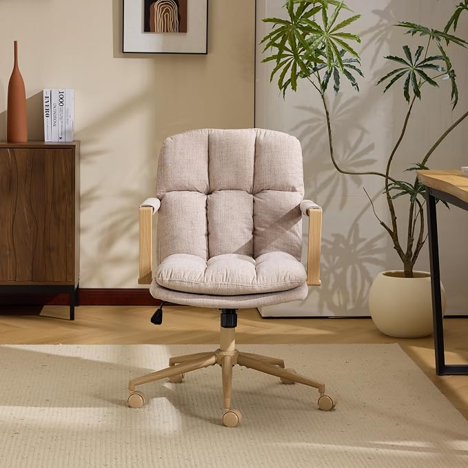 VINGLI Comfy Linen Office Desk Chair with Wheels & Detachable Cushions & Wood-Like Armrests,Swivel Small Computer Task Chair,Adjustable for Girl Makeup Vanity,Teen/Kids Study,Nail Tech,Sewing,Khaki
