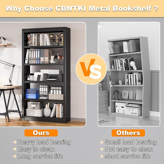 5 Tier Metal Bookshelf,69'' Tall Heavy Duty Bookcase with Adjustable Shelves,Black Large Modern Bookshelves,Industrial Open Bookcases for Library,Office,Study Room,Living Room