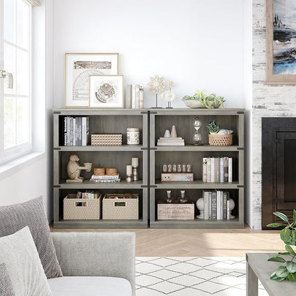 GarveeHome 3 Tier Farmhouse Bookcase, 39.9 in Tall Book Shelf with Storage, Wooden Bookshelves 3 Shelf Display Shelvesfor Home Office, Living Room, Bed Room (Grey, 39.9 in H x 31.5 in W x 12.8 in D)