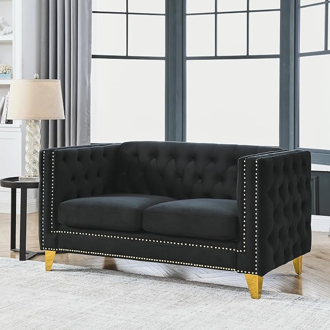 mikibama 58" Velvet Loveseat Sofa Couch for Living Room,Button Tufted 2 Seater Couches with Nailhead Trims,Modern Upholstered 2-seat Sofas with Golden Metal Legs for Bedrooom,Office