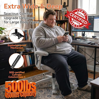 Big and Tall Office Chair 500lbs Heavy Duty Ergonomic Mesh Desk Chair with 23.6" Extra Wide Seat, 29.5" High Back, Adjustable Lumbar Support Flip-Up Arms for Large Body Types(Light Gray)
