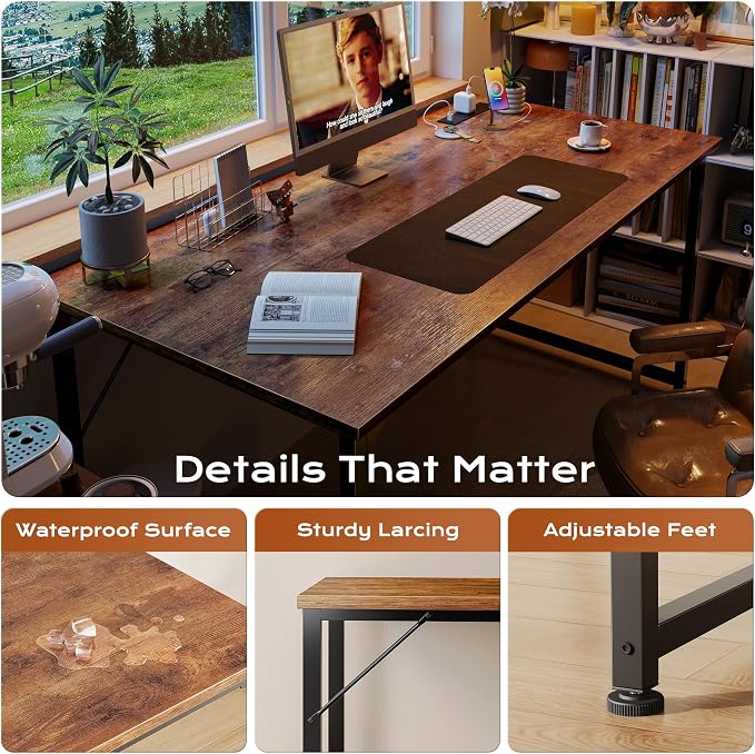 PRAISUN 54 X 24 Inch Computer Desk with Power Outlets & USB-C Port,Larger and Longer Office Desk with Deeper Desktop, Study, Bedroom, Writing Work from Home Table, Metal Frame, Rustic Brown