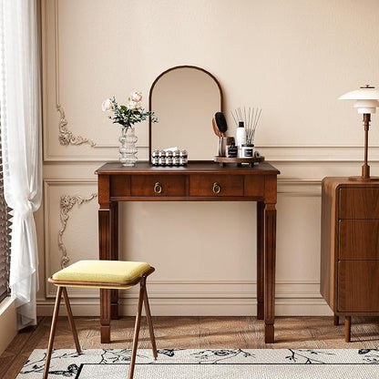 Cherry Walnut Writing Desks with Drawers, 31.5" Mid-Century Modern Computer Desk for Home Office, Secretary Desk for Living Room Study or Workspace, Easy Assembly Vanity Desk, SSZD1258